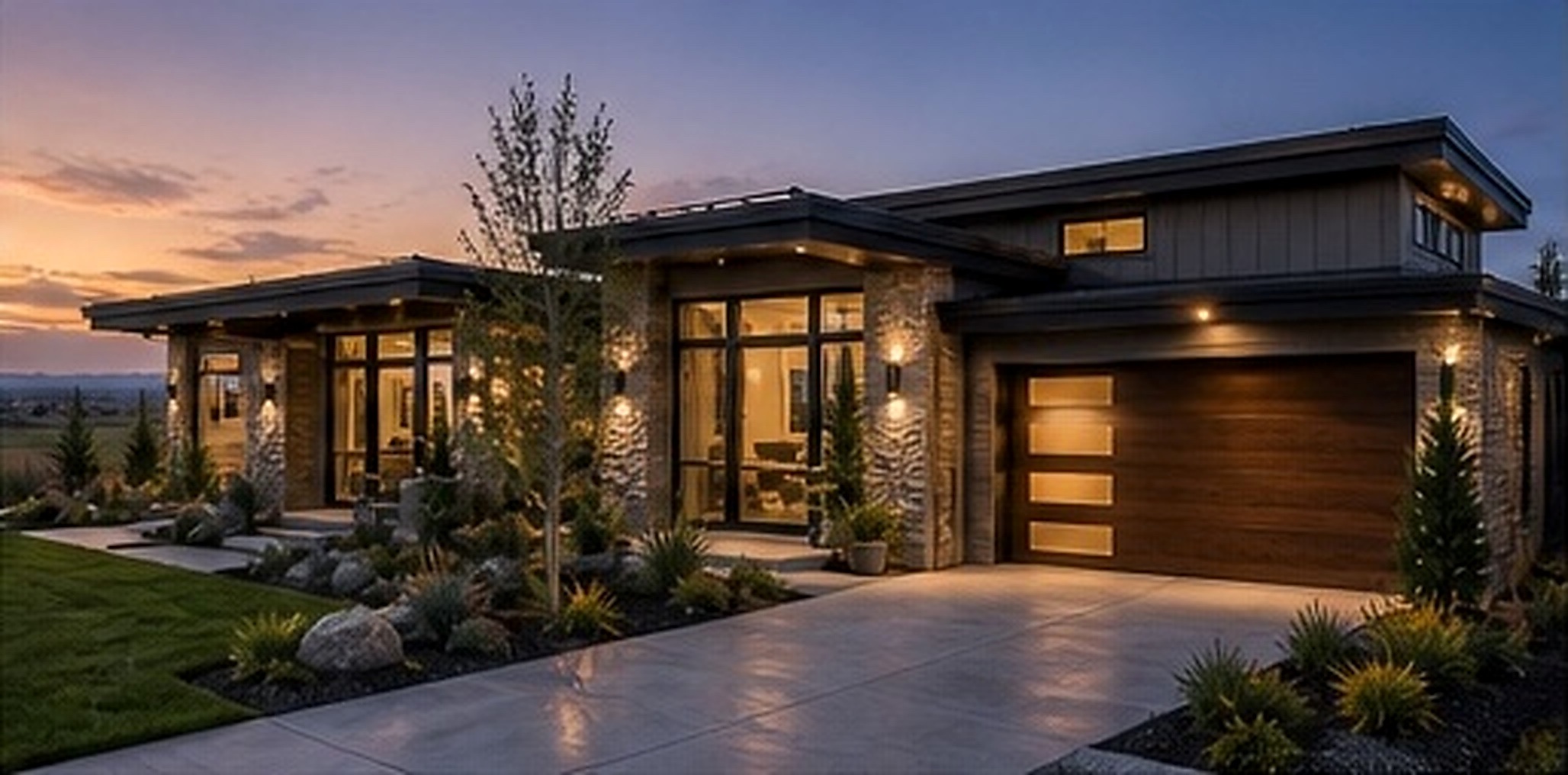 Front exterior of a home in natural stone and dark wood