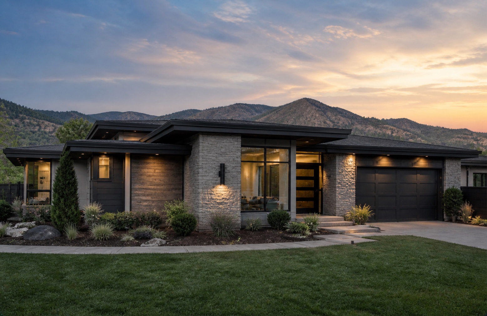 A new home at dusk with mountains behind